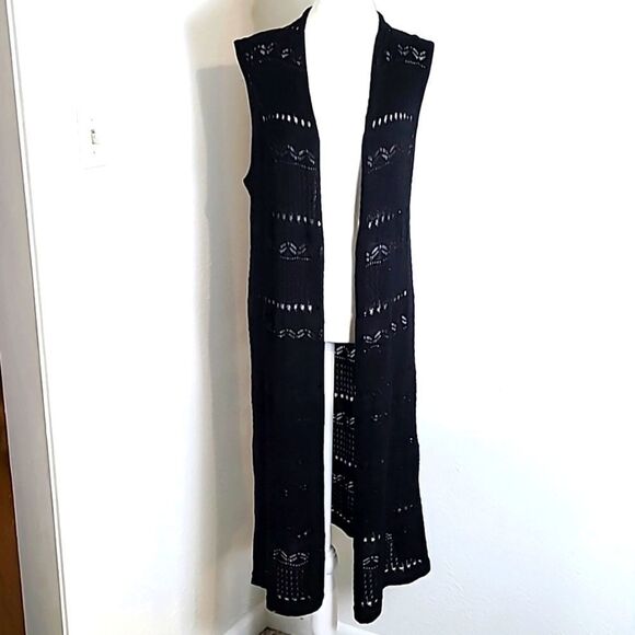 Forever 21 Long Black Cardigan Sweater, Sleeveless, Size Large - Picture 2 of 7